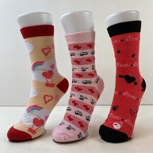 Womens Crew Socks Set 3 Valentines Hearts "Love" Rainbows Mustaches Red Pink